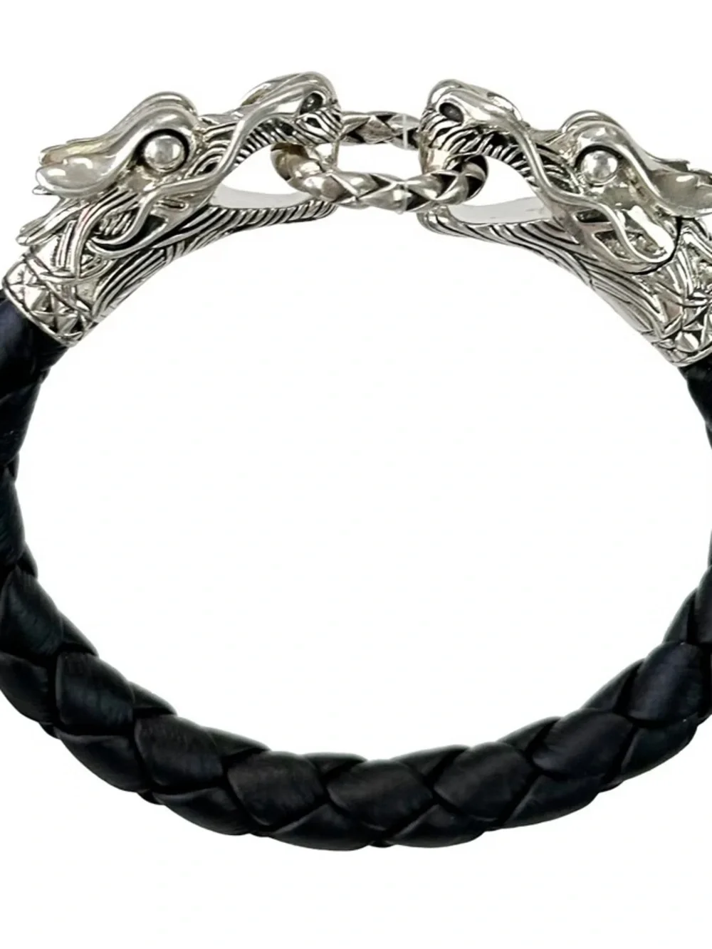 JOHN HARDY Sterling Silver Dragon Naga Woven Leather Bracelet Black Unisex 7”